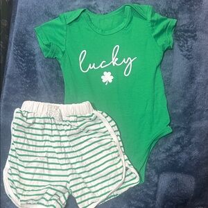 Green 'Lucky' Onesie and Striped Shorts Set